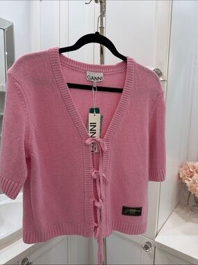 Ganni Pink Tie-Front V-Neck Short Sleeve Cardigan